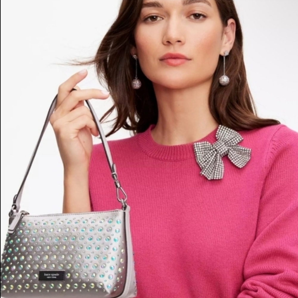 NWT Kate Spade Silver Lulu Crystal Embellished East West Pochette